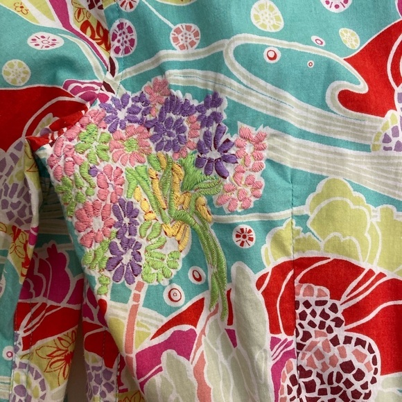 Robert Graham turquoise & pink tropical pattern embroidered 3/4 sleeve button up - Picture 6 of 11